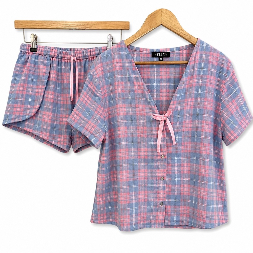 dELiA*s Women Pink Blue Plaid Flannel Pajama Set Short Sleeve Shorts M NWT